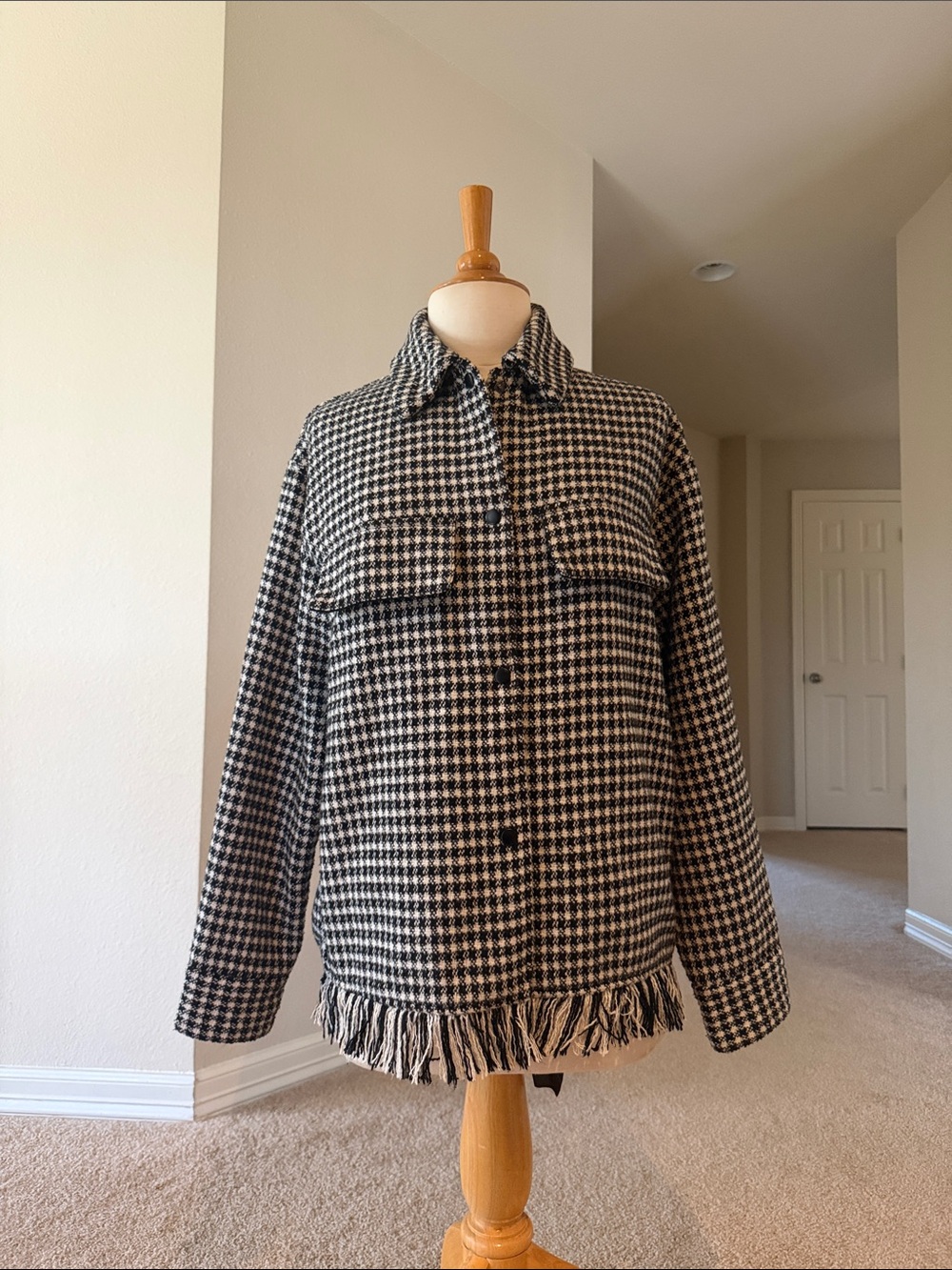 Zara Black & White Houndstooth Fringe Jacket